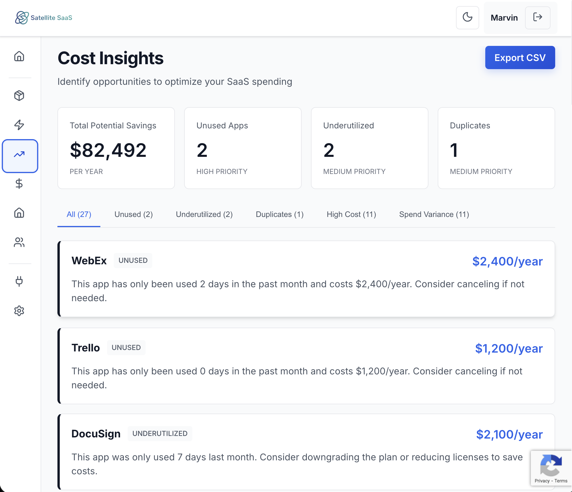 Satellite Dashboard showing application analytics
